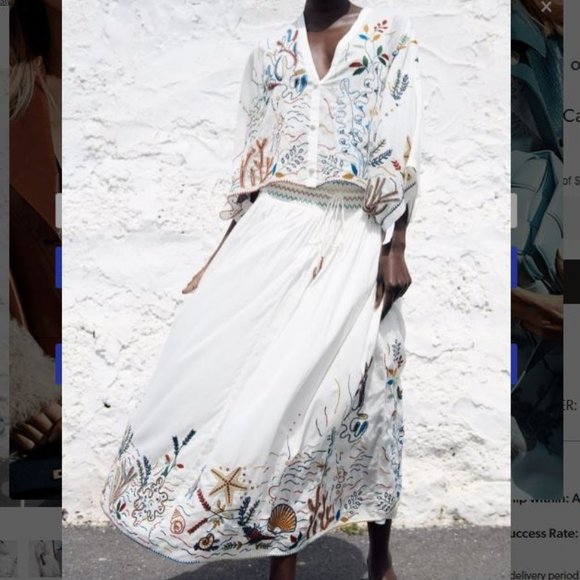 Zara Sea-Life Embroidered Long Cotton Skirt  Ecru XL - Picture 4 of 16